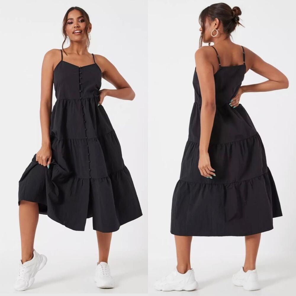 Missguided Black Strappy Tiered Smock Midi Dress size 4 NWT